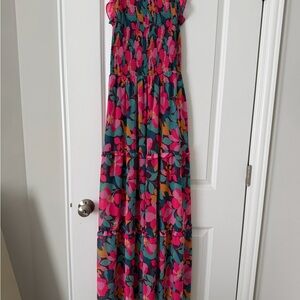 Melloday Bright Floral Maxi Dress in Teal and Hot Pink size small Super cute